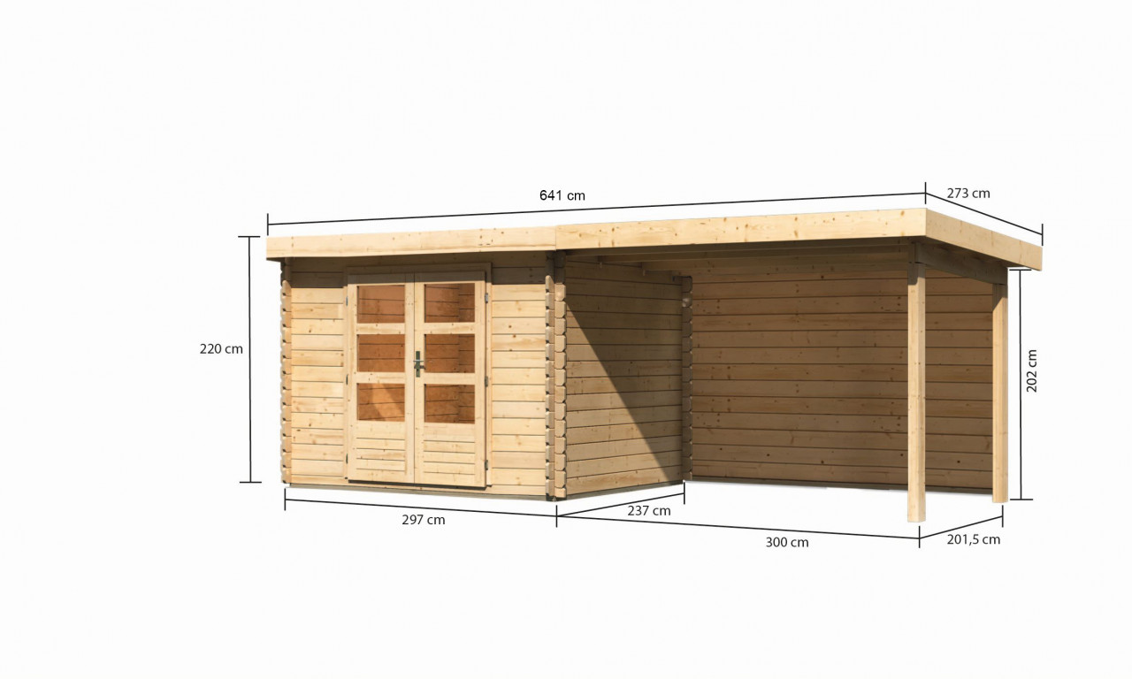 Karibu Gartenhaus "Schloßsee 3" mit Anbaudach und Rückwand