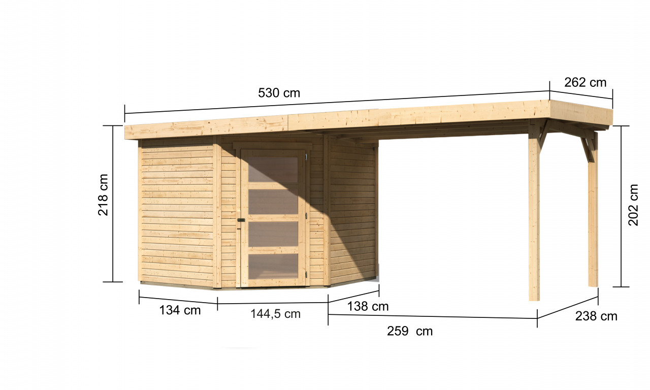 Gartenhaus Holz SCHWANDORF 5 242 x 246 m 19 mm Flachdachhaus Naturbelassen inkl. 280 m Anbaudach