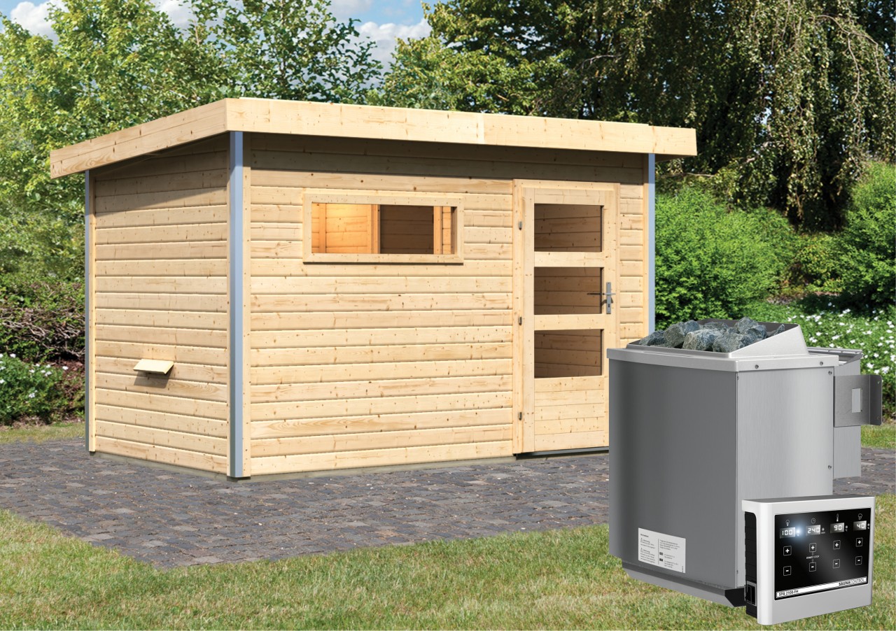 Saunahaus SKROLLAN 1 3,37 x 1,96 cm mit Vorraum - 9.0 kW Bio-Kombiofen ext. Steuerung ISO-Glas Klarglas Saunahaus SKROLLAN 1 3,37 x 1,96 cm mit Vorraum - 9.0 kW Bio-Kombiofen ext. Steuerung ISO-Glas Klarglas