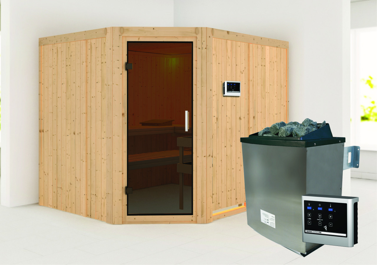 Sauna MALIN 231 x 196 m 9.0 kW Ofen inkl. Steuergerät ohne Dachkranz Ganzglastür graphit