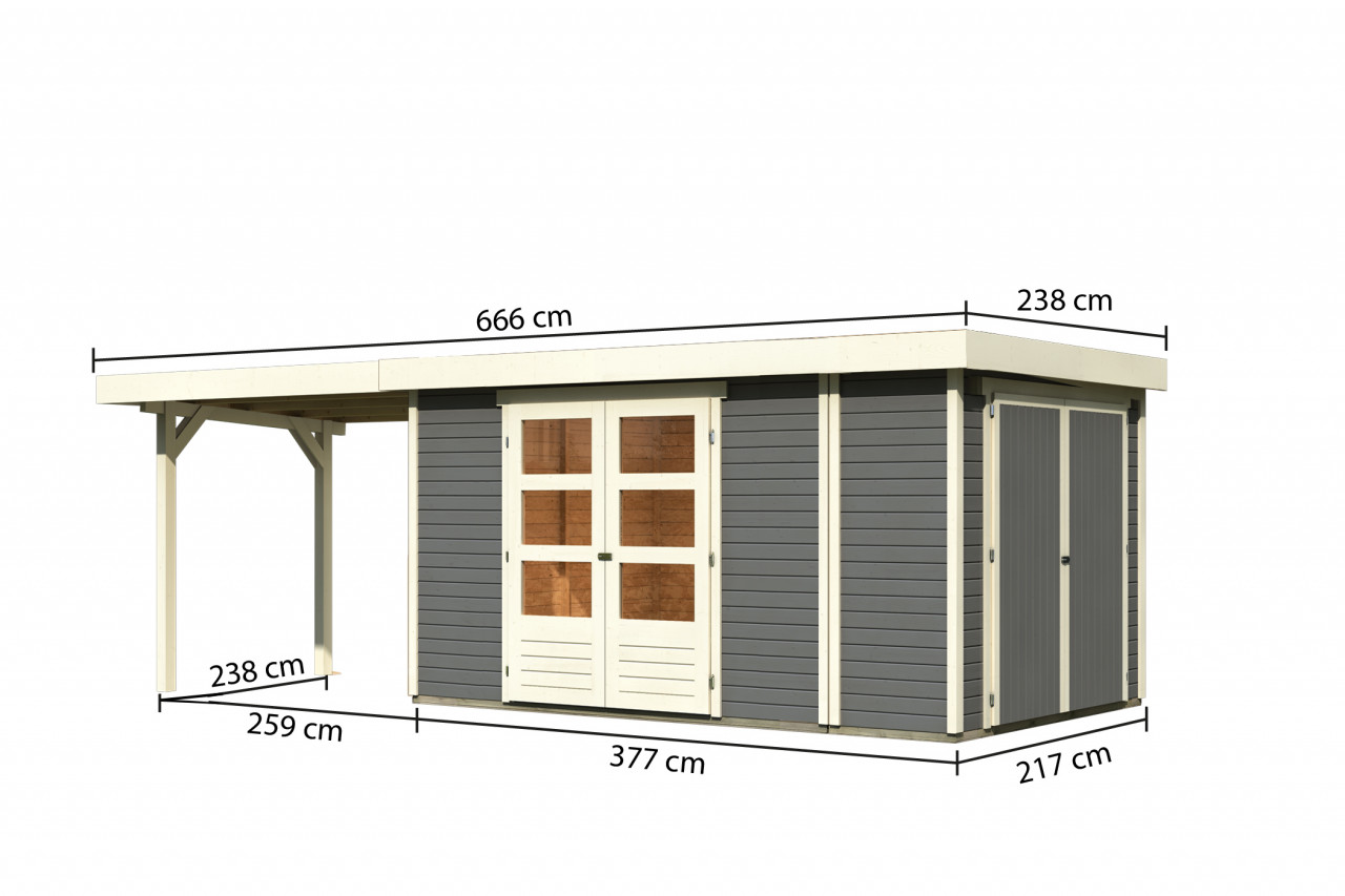 Gartenhaus Holz RETOLA 6 MIT ANBAUSCHRANK 302 x 246 m 19 mm Flachdachhaus Terragrau inkl. 280 m Anbaudach