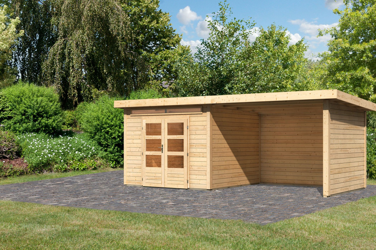 Gartenhaus Holz KANDERN 6 274 x 274 m 28 mm Flachdachhaus Naturbelassen inkl. 320 m Anbaudach + Rück und Seitenwand