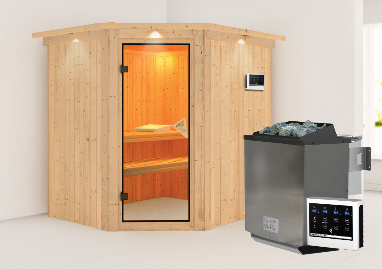 Sauna SIIRIN 196 x 17 m 9.0 kW BioKombiofen inkl. Steuergerät mit Dachkranz Ganzglastür bronziert