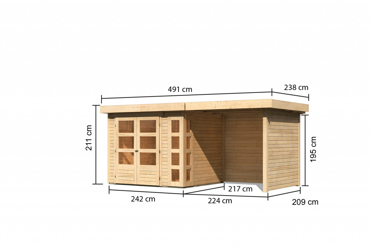 Gartenhaus KERKO 3 19 mm 242 x 217 m Naturbelassen inkl. 240 m Anbaudach + Seiten und Rückwand