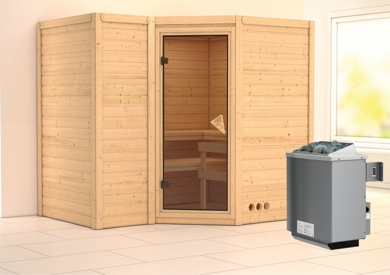 Karibu  Massivholzsauna SAHIB 2 2,36 x 1,84 m 40 mm  9.0 kW Ofen integr. Steuerung ohne Dachkranz Ganzglastür bronziert 46987