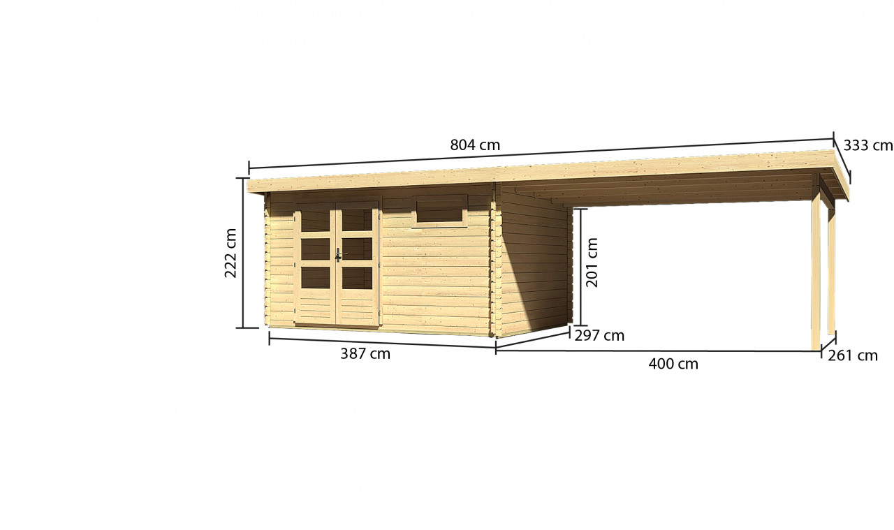 Gartenhaus Holz BASTRUP 8 387 x 297 m 28 mm Blockbohlenhaus Naturbelassen inkl. 400 m Anbaudach