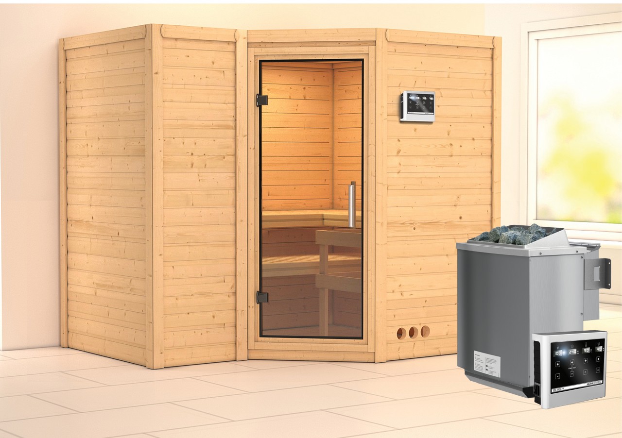Massivholzsauna SAHIB 2 236 x 184 m 40 mm 9.0 kW BioKombiofen inkl. Steuergerät ohne Dachkranz Ganzglastür Klarglas