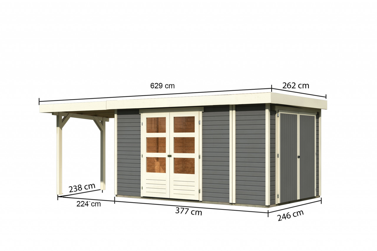 Gartenhaus Holz RETOLA 6 MIT ANBAUSCHRANK 302 x 246 m 19 mm Flachdachhaus Terragrau inkl. 240 m Anbaudach