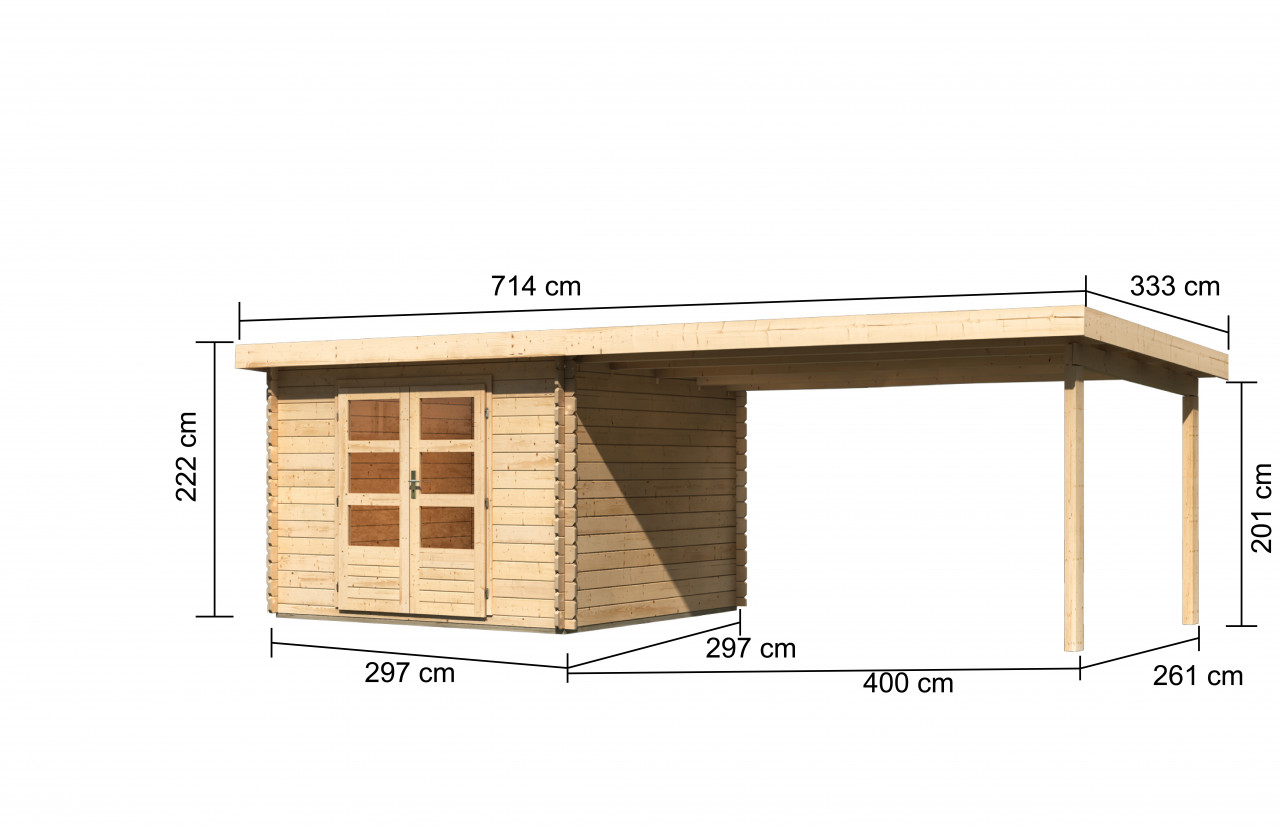 Gartenhaus Holz BASTRUP 5 297 x 297 m 28 mm Blockbohlenhaus Naturbelassen inkl. 400 m Anbaudach