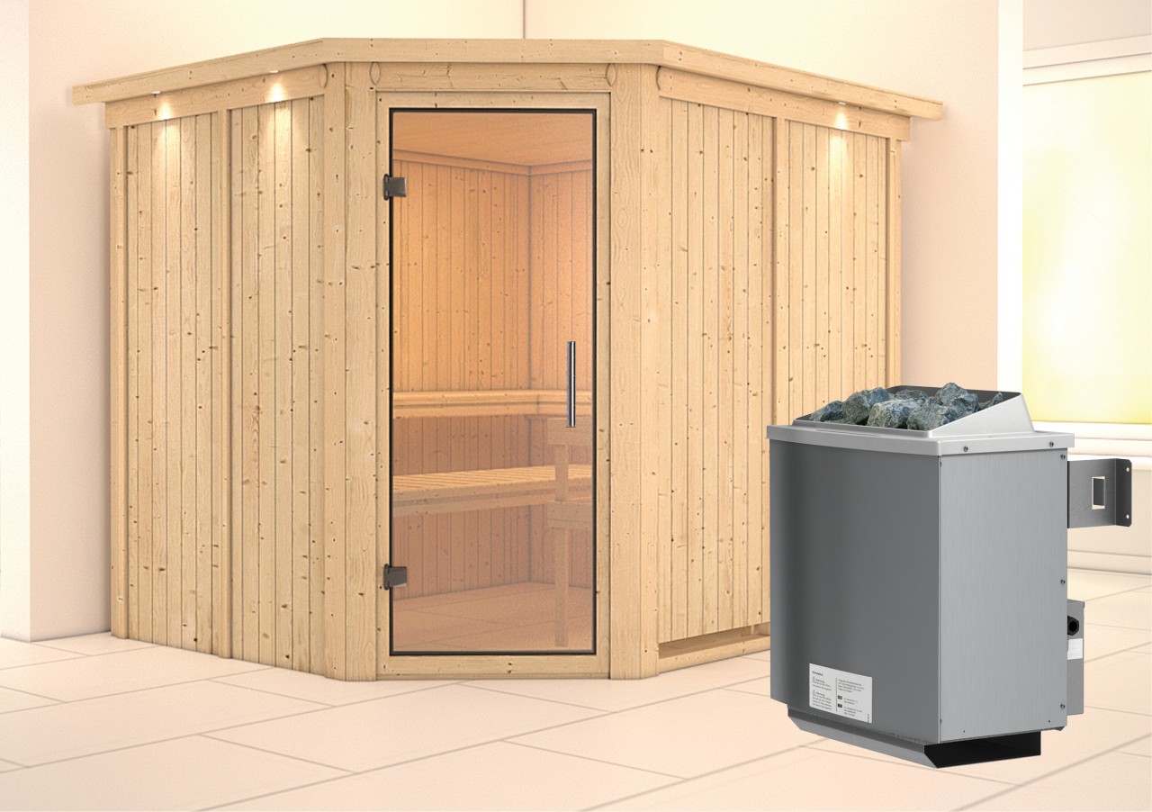 Sauna MALIN 231 x 196 m 9.0 kW Ofen integr. Steuerung mit Dachkranz Ganzglastür Klarglas
