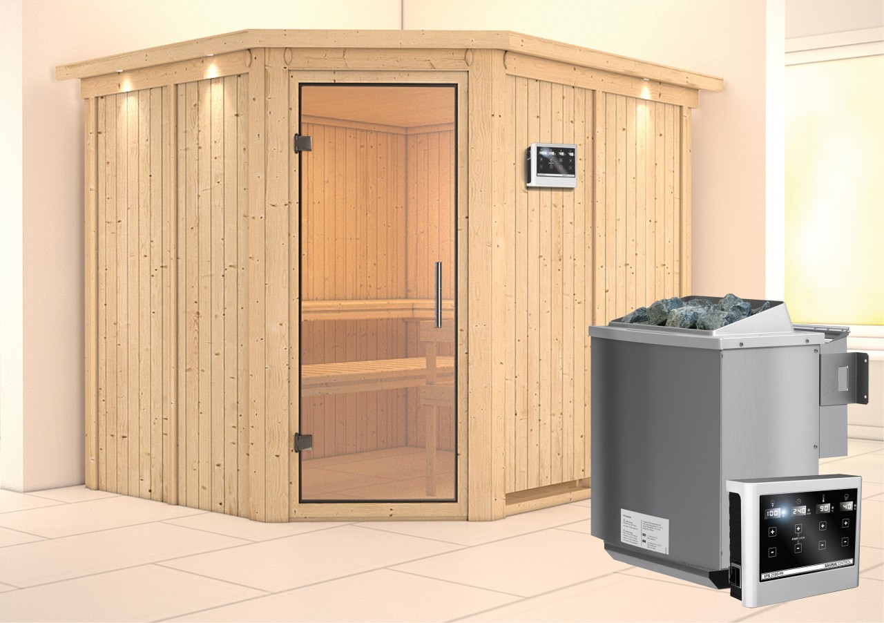 Sauna MALIN 231 x 196 m 9.0 kW BioKombiofen inkl. Steuergerät mit Dachkranz Ganzglastür Klarglas