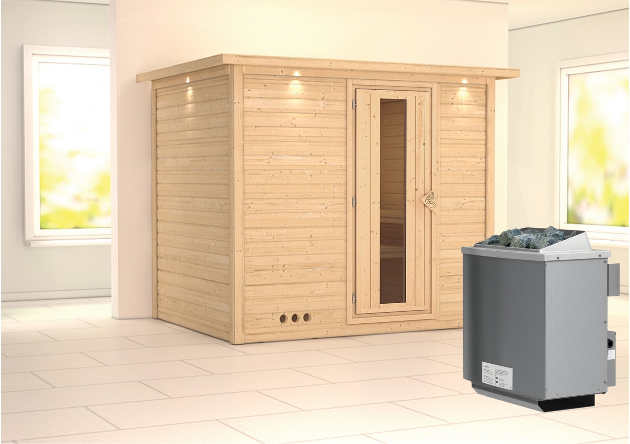 Massivholzsauna SONARA 231 x 196 m 38 mm 9.0 kW Ofen integr. Steuerung mit Dachkranz Energiespartür