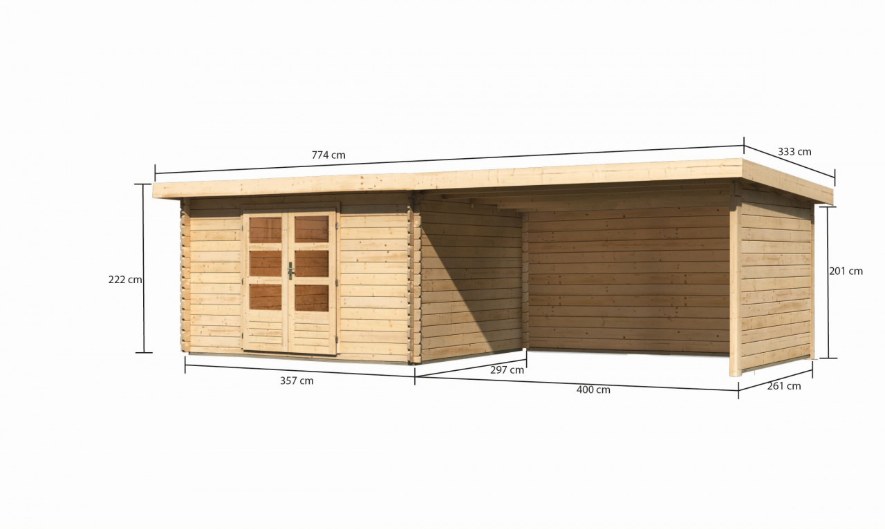 Gartenhaus Holz BASTRUP 7 357 x 297 m 28 mm Blockbohlenhaus Naturbelassen inkl. 400 m Anbaudach + Rück und Seitenwand