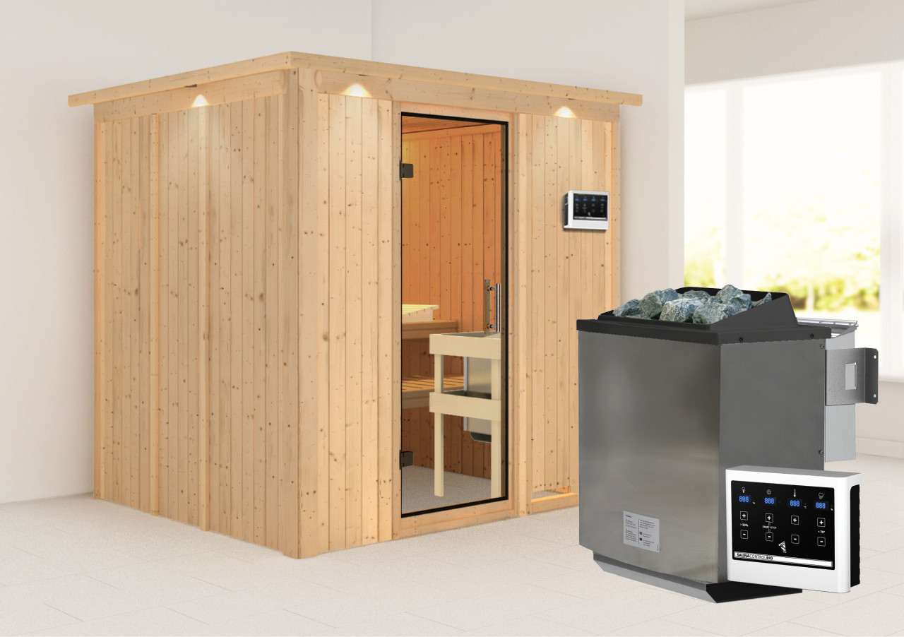 Sauna SODIN 196 x 17 m Naturbelassen 9.0 kW BioKombiofen inkl. Steuergerät mit Dachkranz Ganzglastür Klarglas
