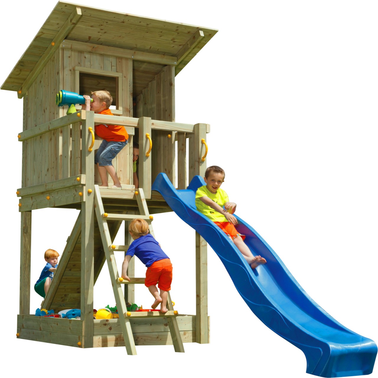 Spielturm BEACH HUT mit Rutsche + Rampe mit Seil Blau 150 m