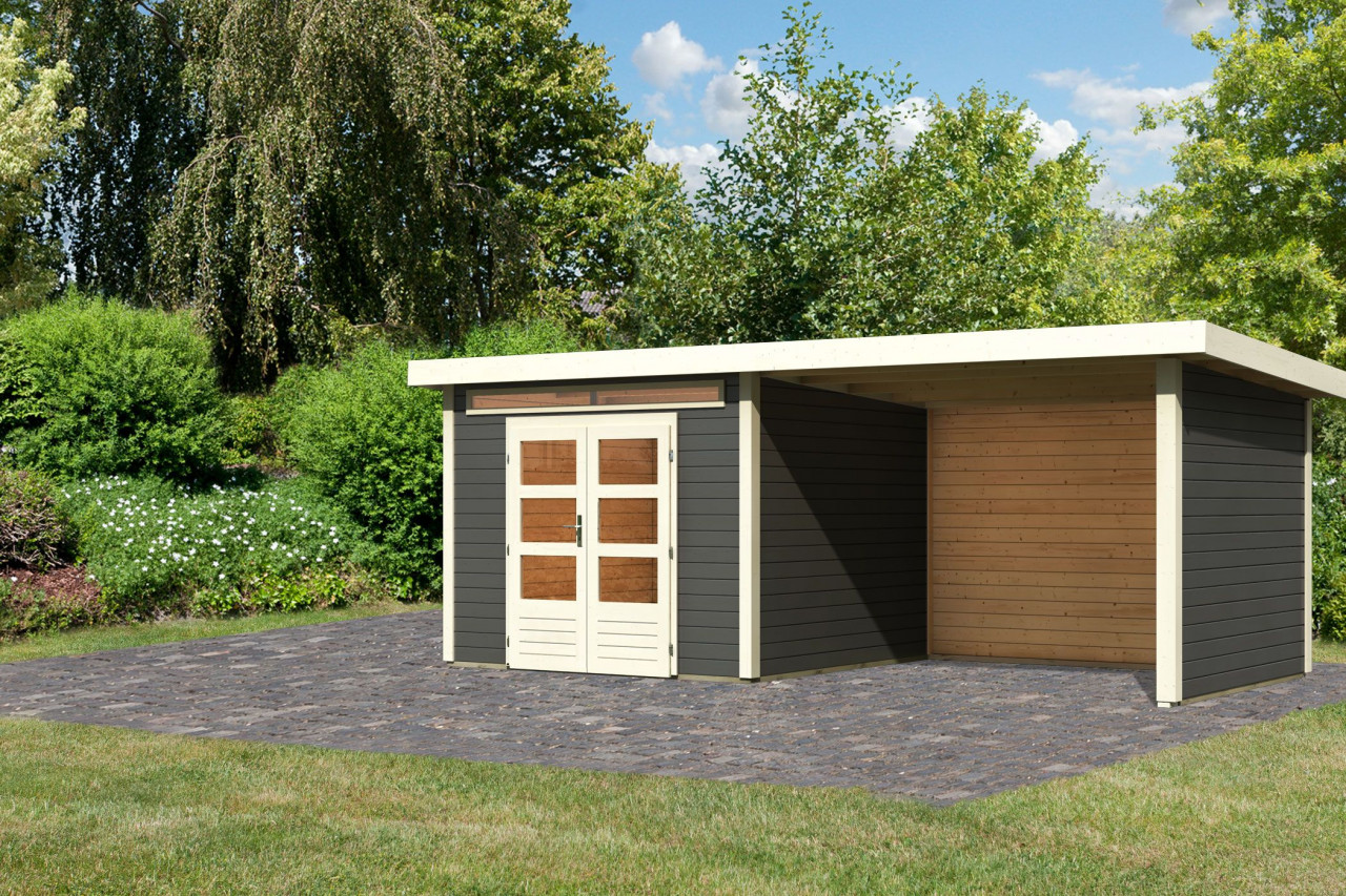 Gartenhaus Holz KANDERN 6 274 x 274 m 28 mm Flachdachhaus Terragrau inkl. 320 m Anbaudach + Rück und Seitenwand