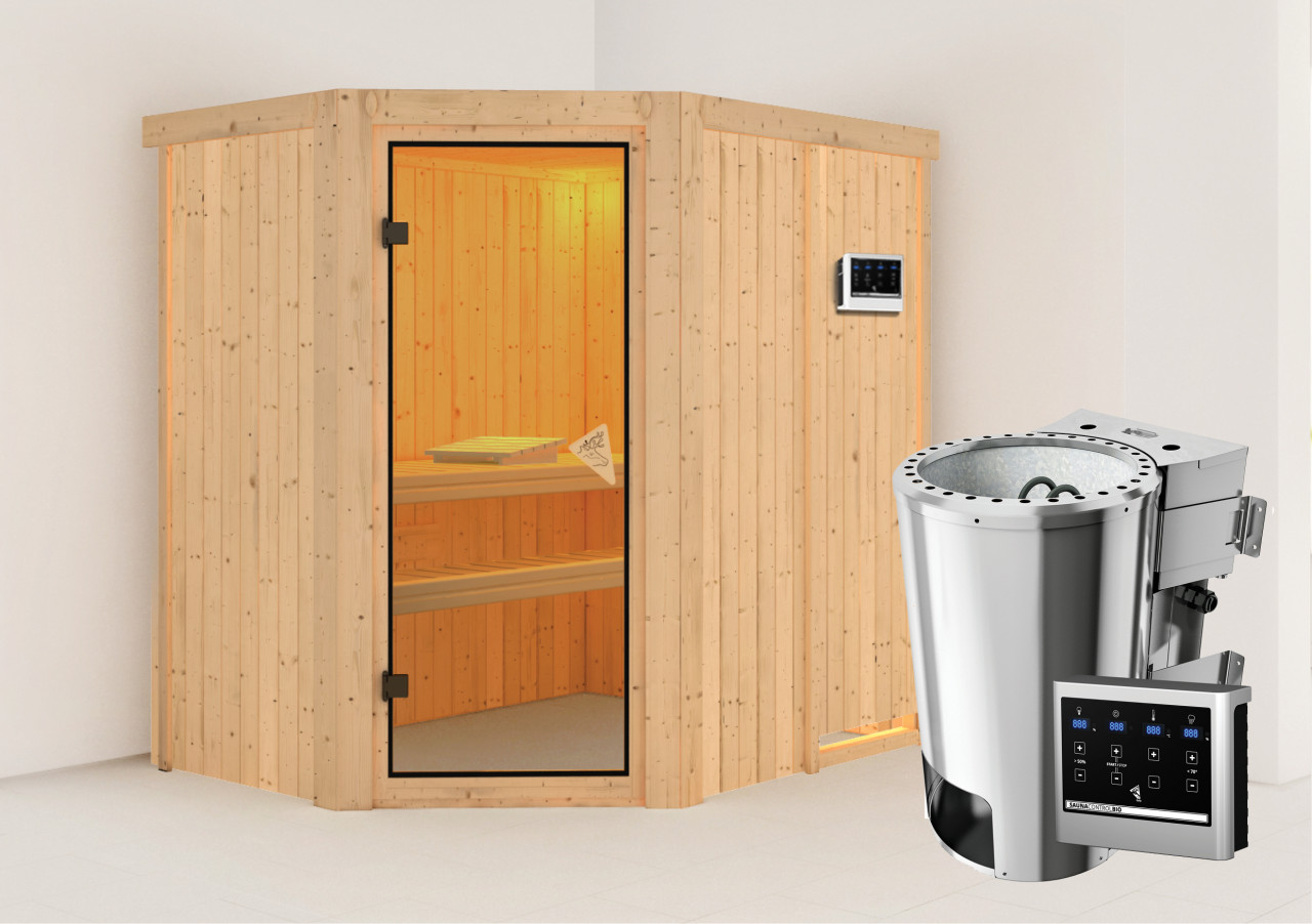 Sauna SAJA 151 x 196 m 3.6 kW BioKombiofen ext. Steuerung ohne Dachkranz Ganzglastür bronziert
