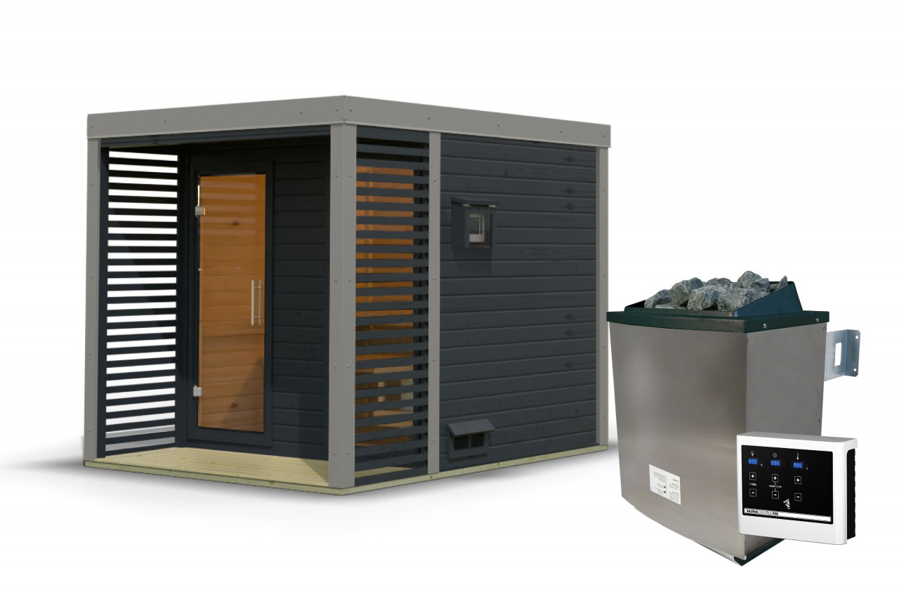 Saunahaus ARES 2 231 x 276 m 38 mm 9.0 kW Ofen inkl. Steuergerät Anthrazit Graualuminium
