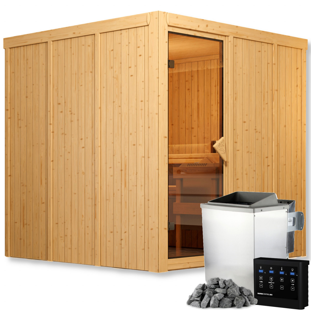 SULENO Sauna AMRUM 196 x 196 m 9.0 kW BioKombiofen inkl. Steuergerät