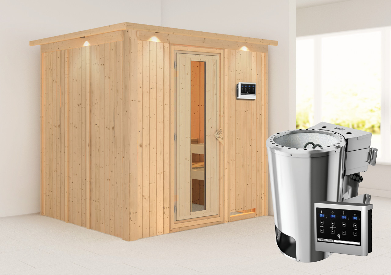 Sauna Innenkabine Daria Innensauna 2 Sitzbänke aus Holz in Naturbelassen Saunakabine Wandstärke 68 mm Inklusive Ofen Infrarotsauna - Naturbelassen