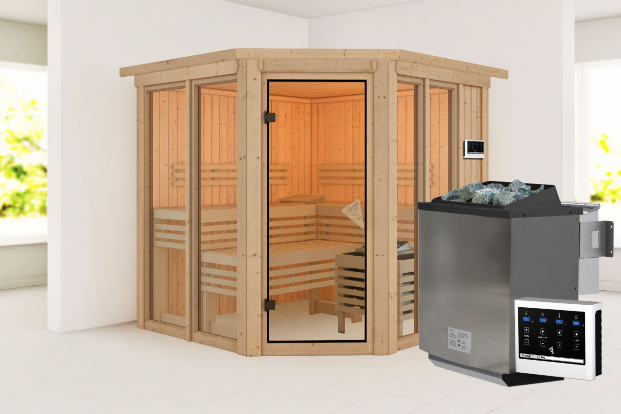 Sauna AIRI 196 x 196 m 9.0 kW BioOfen mit ext. Steuerung mit Dachkranz