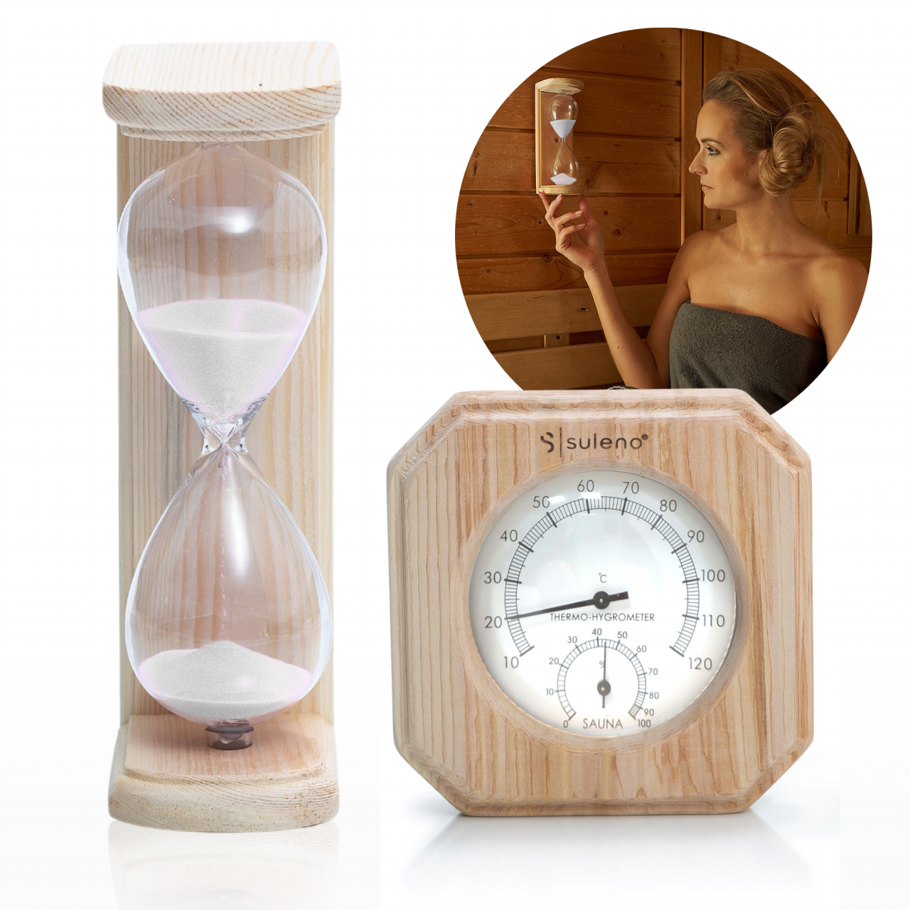 SaunazubehörSet EMMA  2teiliges Set mit Klimamesser und Sanduhr Temperatur und Luftfeuchtigkeit
