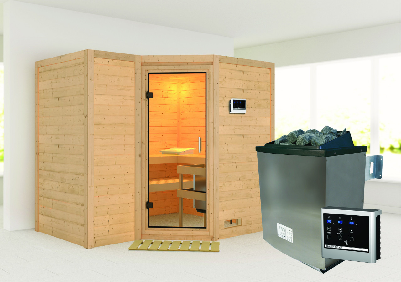 Massivholzsauna SAHIB 2 236 x 184 m 40 mm 9.0 kW Ofen inkl. Steuergerät ohne Dachkranz Ganzglastür Klarglas