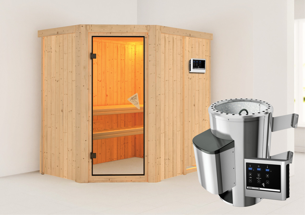 Sauna SAJA 151 x 196 m 3.6 kW Ofen ext. Steuerung ohne Dachkranz Ganzglastür bronziert