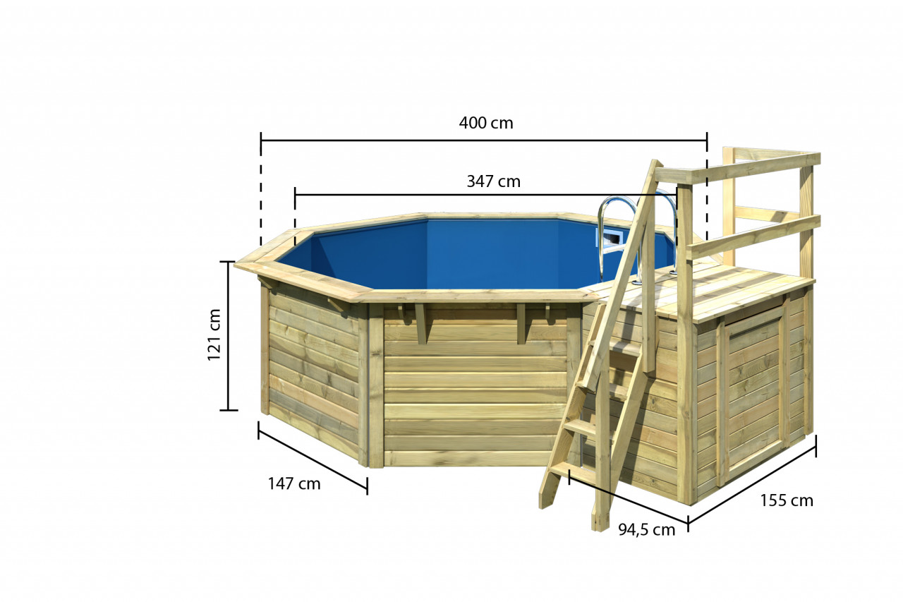 Achteck POOL X1 400 m  470 m  610 m 38 mm Kesseldruckimprägniert 400 x 400 m inkl. Terrasse Filterpaket und Skimmer