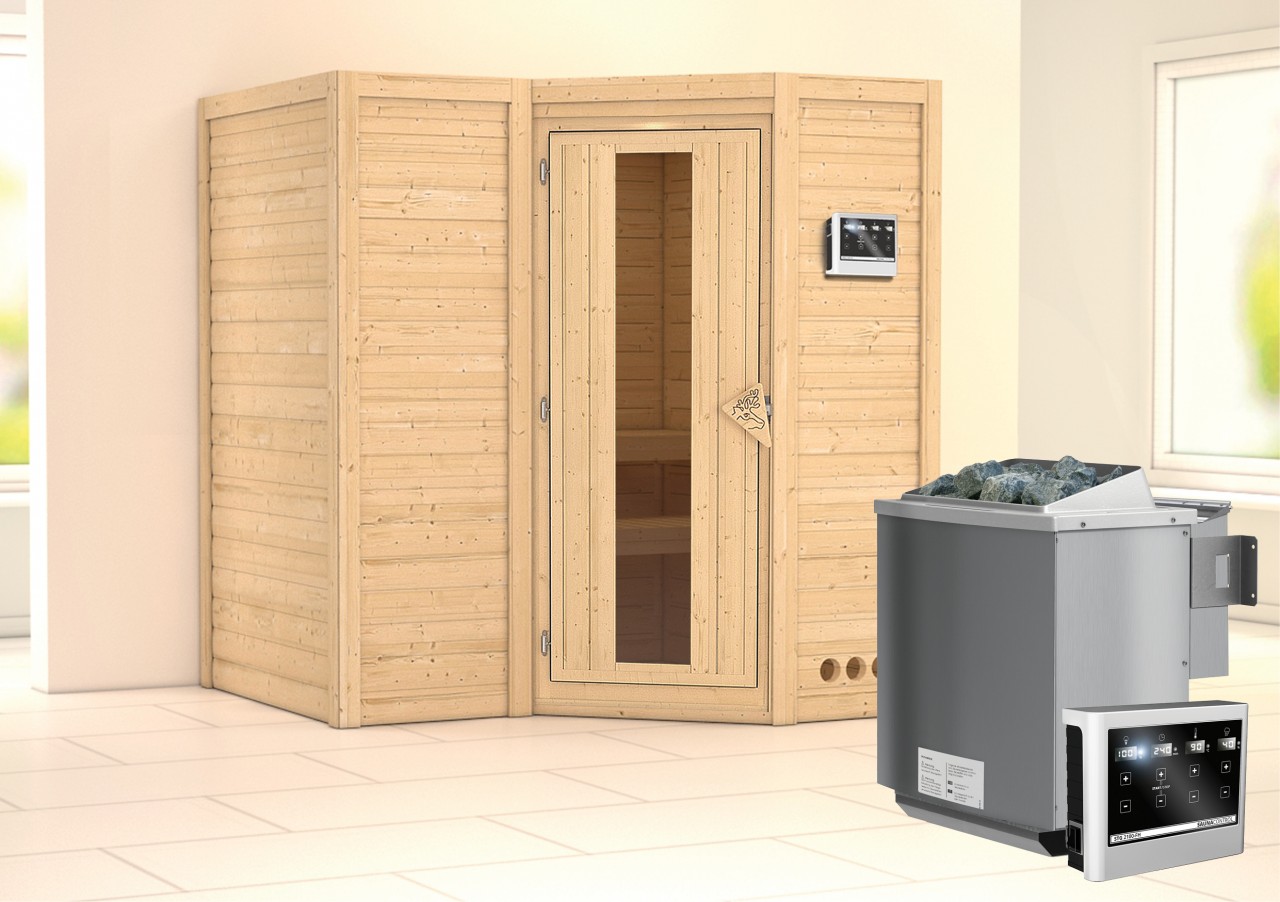 Massivholzsauna SAHIB 1 193 x 184 m 40 mm 9.0 kW BioKombiofen inkl. Steuergerät ohne Dachkranz Energiespartür