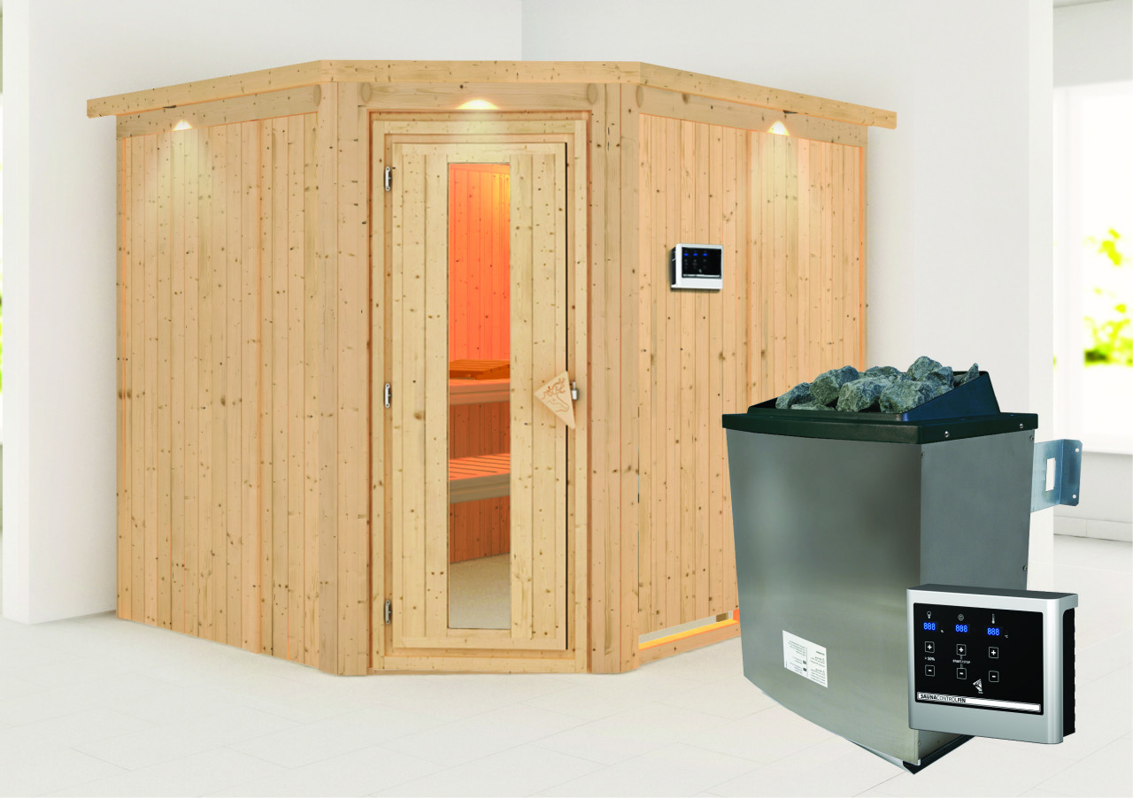 Sauna MALIN 231 x 196 m 9.0 kW Ofen inkl. Steuergerät mit Dachkranz Energiespartür