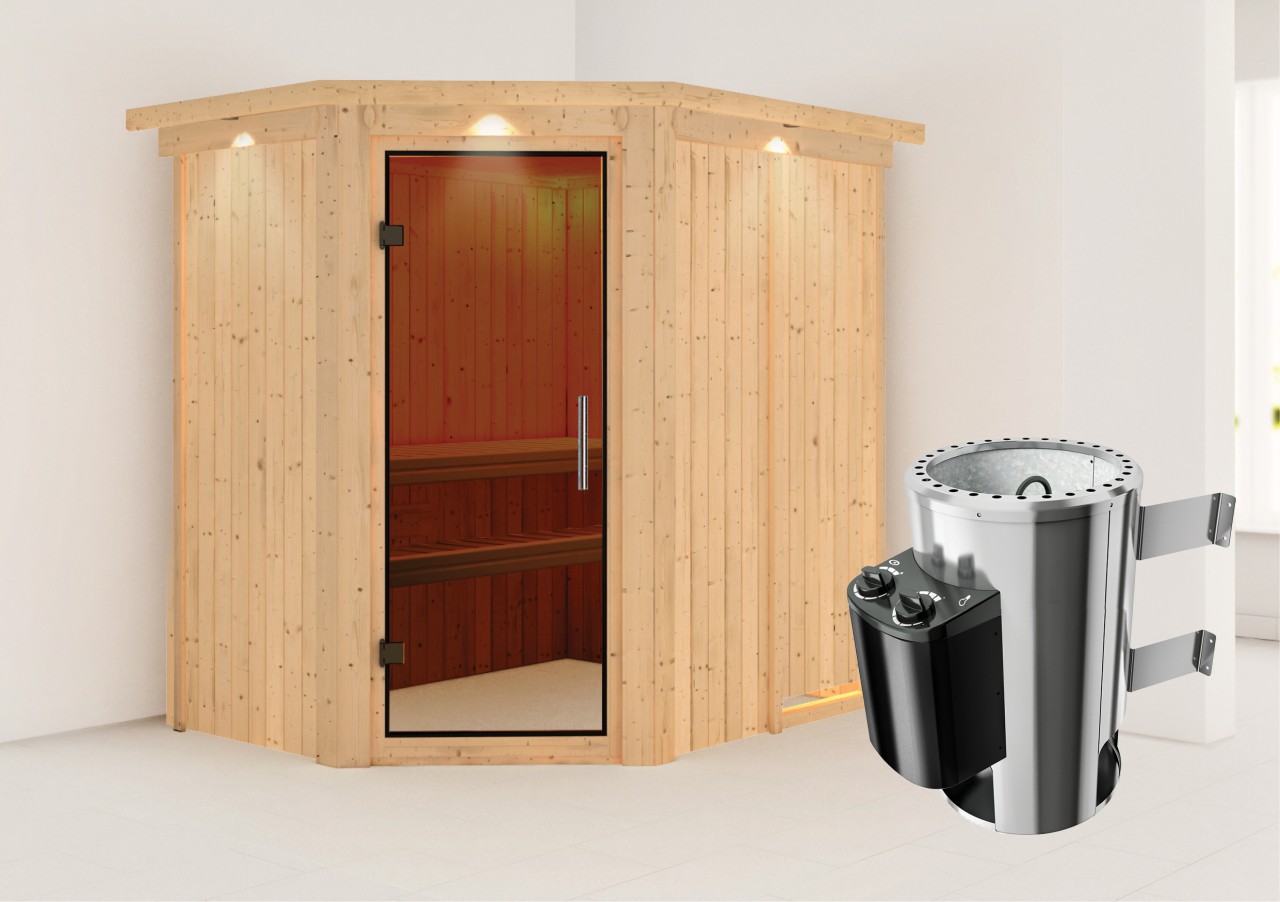 Karibu  Sauna SAJA 1,51 x 1,96 m  3.6 kW Ofen integr. Steuerung mit Dachkranz Ganzglastür graphit 85913