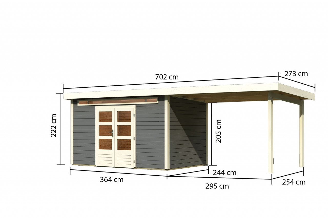 Gartenhaus Holz KANDERN 7 364 x 244 m 28 mm Flachdachhaus Terragrau inkl. 320 m Anbaudach
