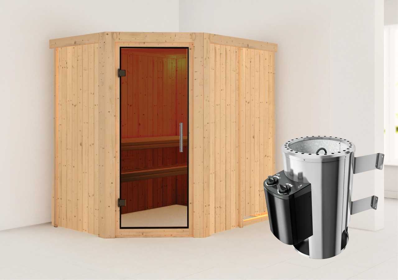 Karibu  Sauna SAJA 1,51 x 1,96 m  3.6 kW Ofen integr. Steuerung ohne Dachkranz Ganzglastür graphit 85909