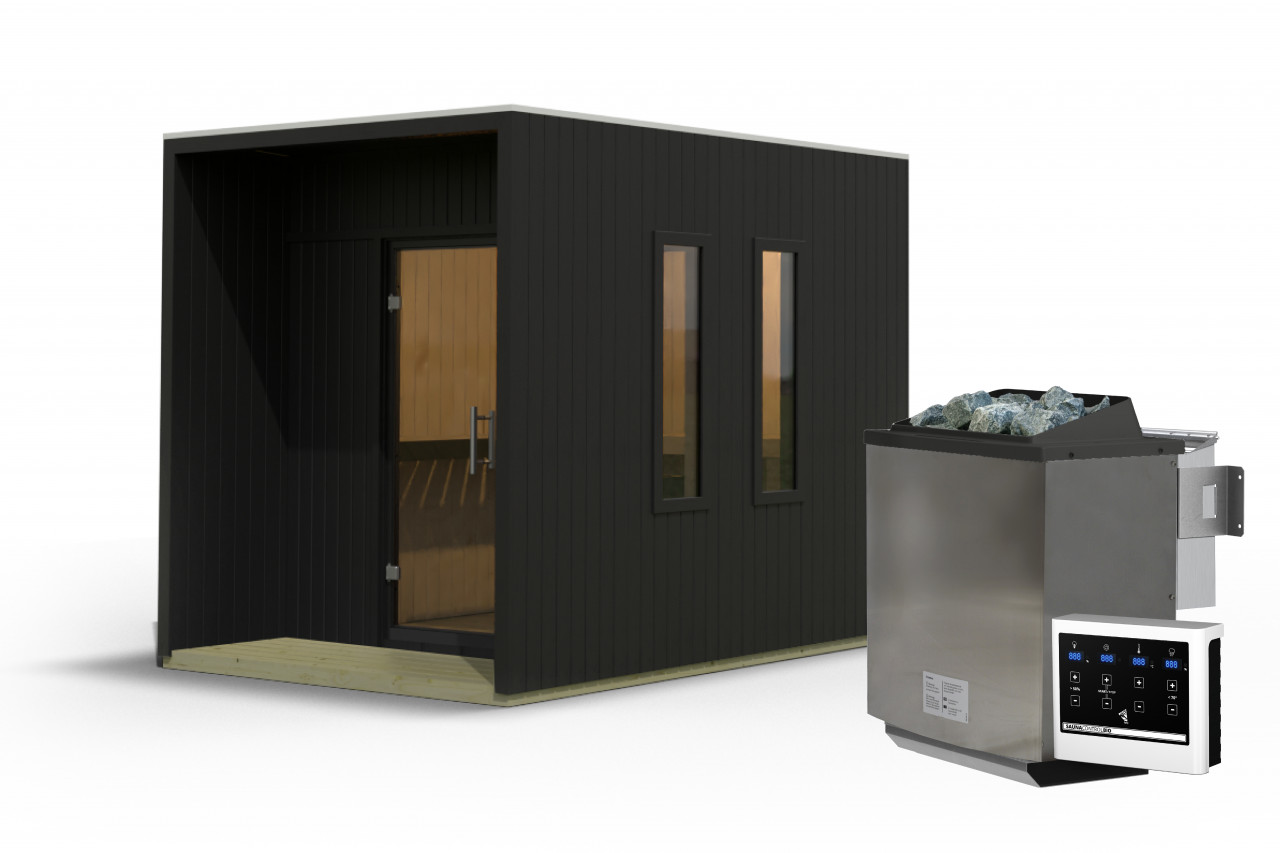 Saunahaus LAGUNA 220 x 288 m 73 mm Schwarz 9.0 kW BioKombiofen inkl. Steuergerät