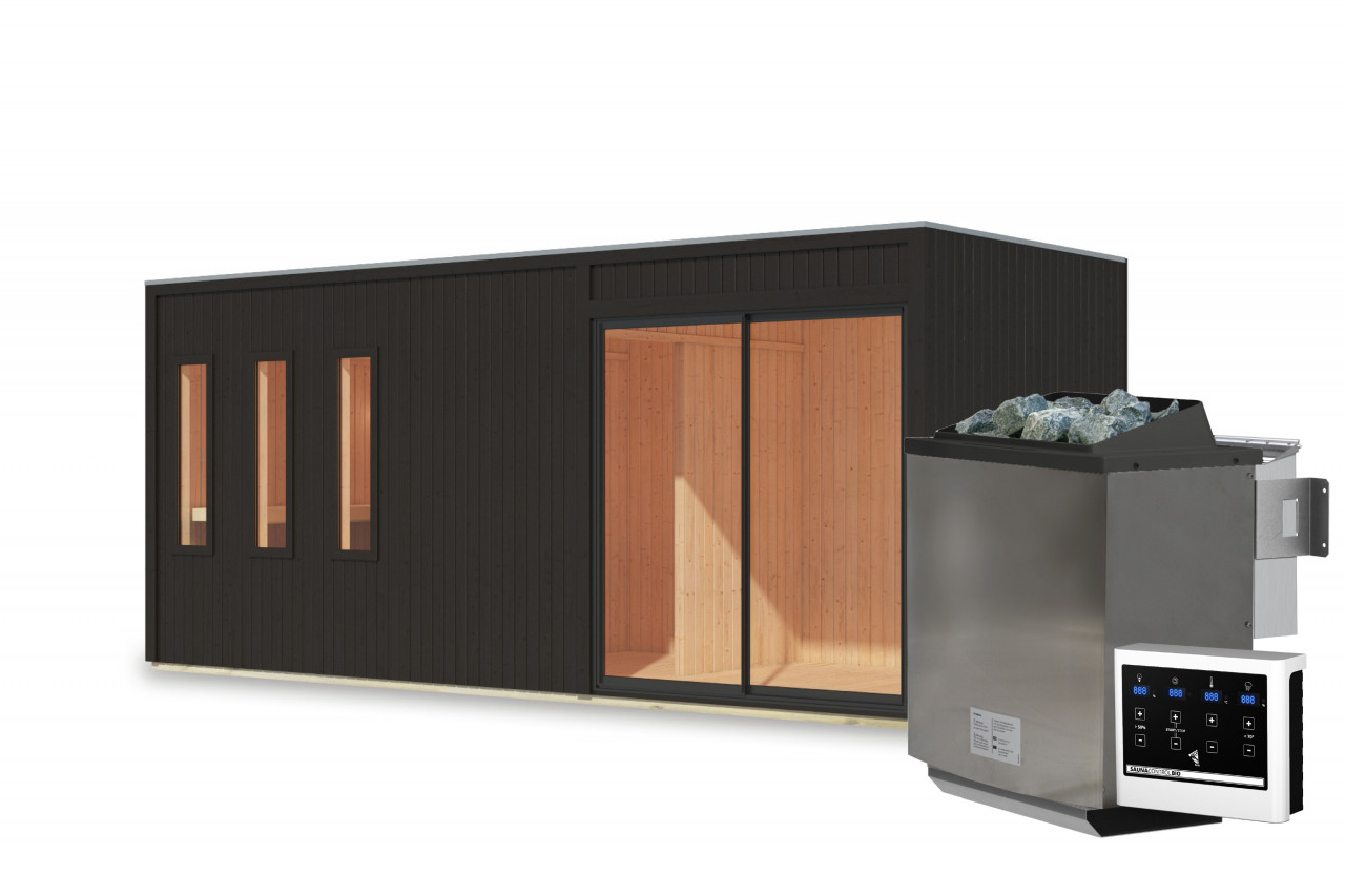 Saunahaus MONTEREY 574 x 2165 cm 73 mm mit Vorraum Schwarz 9.0 kW BioKombiofen inkl. Steuergerät
