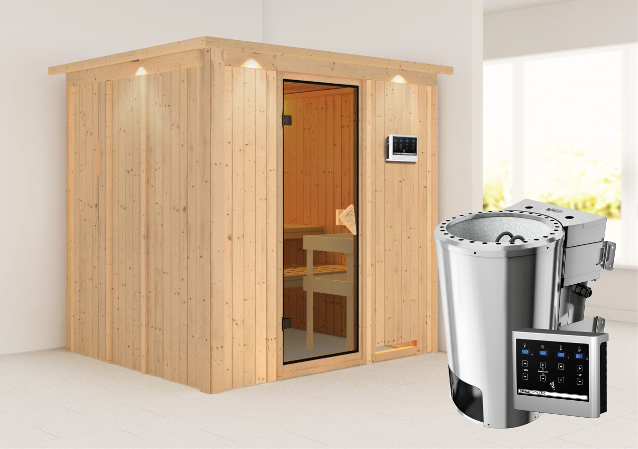 Sauna Innenkabine Daria Innensauna 2 Sitzbänke aus Holz in Naturbelassen Saunakabine Wandstärke 68 mm Inklusive Ofen Infrarotsauna - Naturbelassen