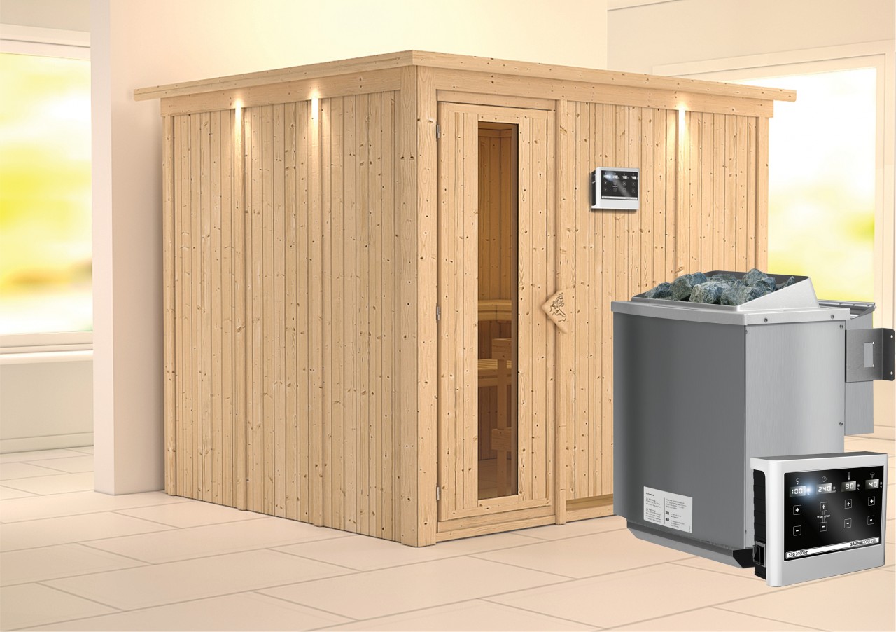 Sauna GOBIN 231 x 196 m 9.0 kW BioKombiofen inkl. Steuergerät mit Dachkranz Energiespartür