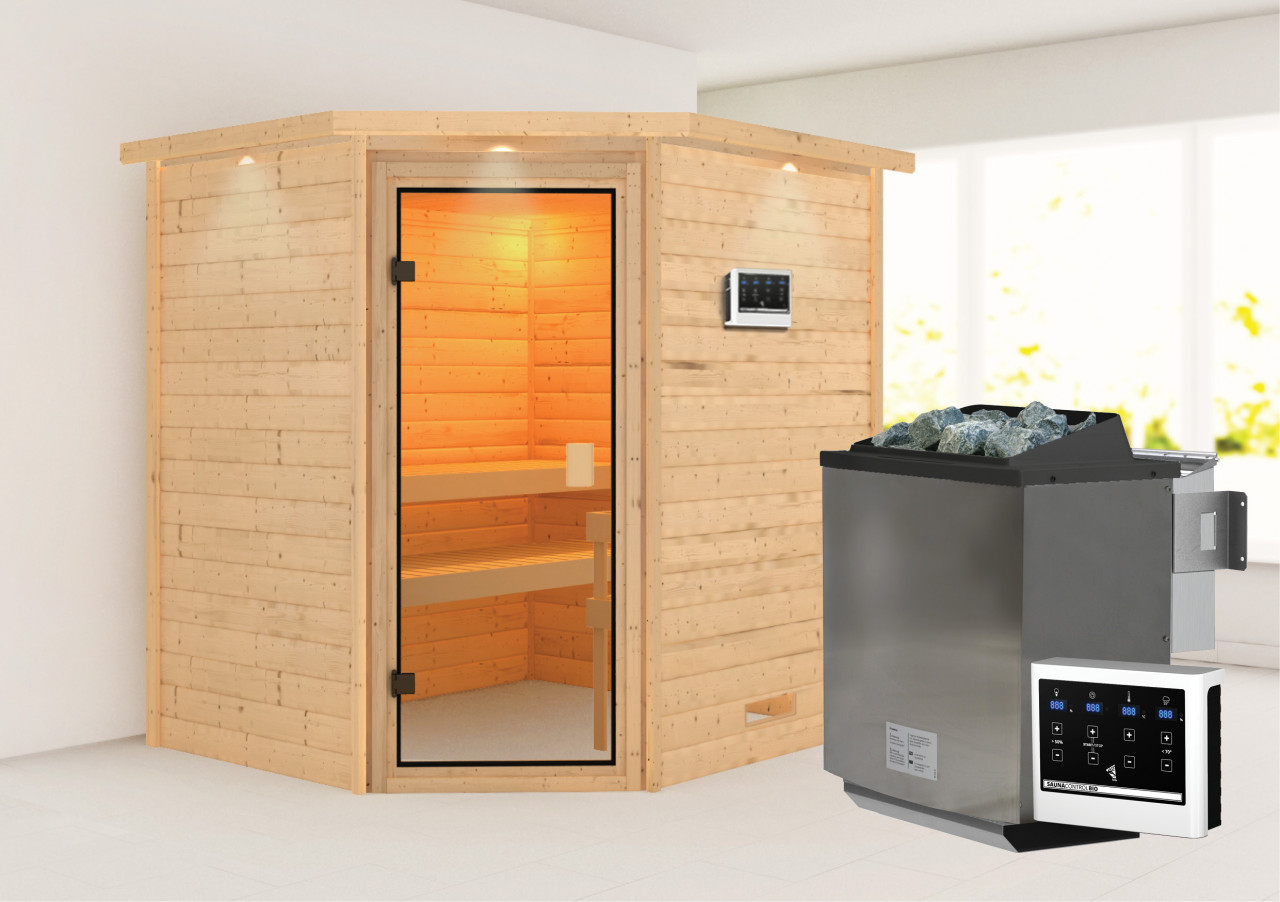 Karibu Sauna "Mia (Fronteinstieg)" Ofen 9 kW Bio externe Strg easy