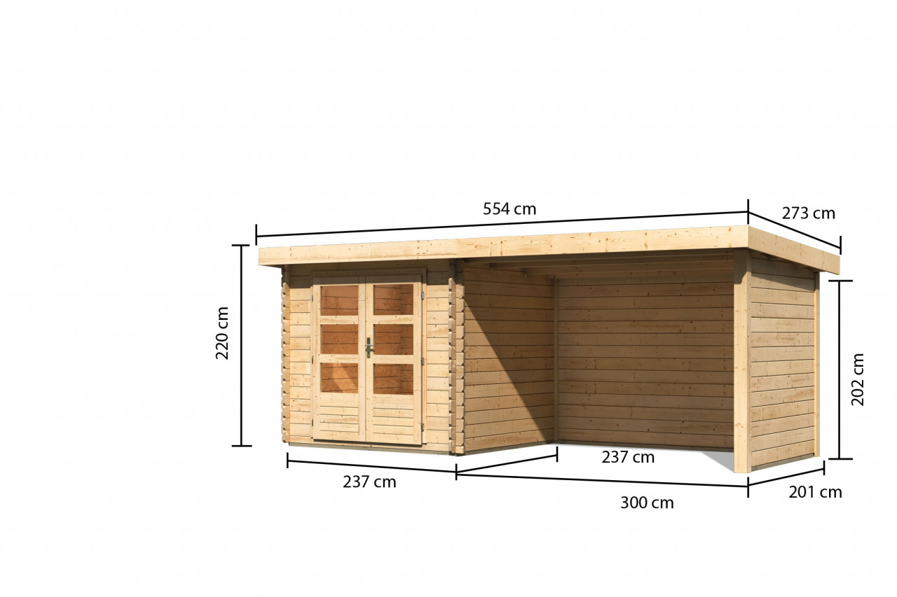Gartenhaus Holz BASTRUP 2 237 x 237 m 28 mm Blockbohlenhaus Naturbelassen inkl. 300 m Anbaudach + Rück und Seitenwand