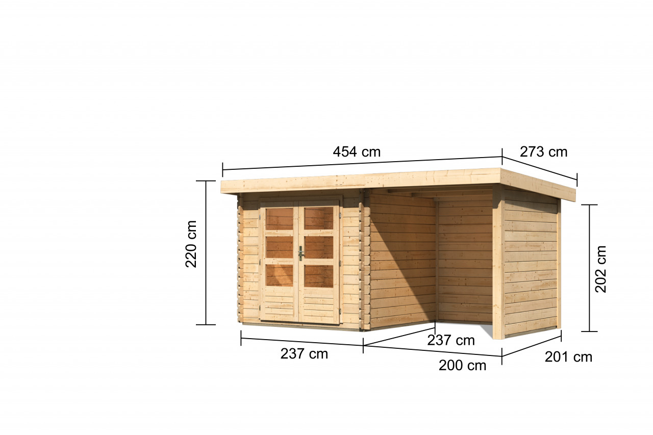Gartenhaus Holz BASTRUP 2 237 x 237 m 28 mm Blockbohlenhaus Naturbelassen inkl. 200 m Anbaudach + Rück und Seitenwand