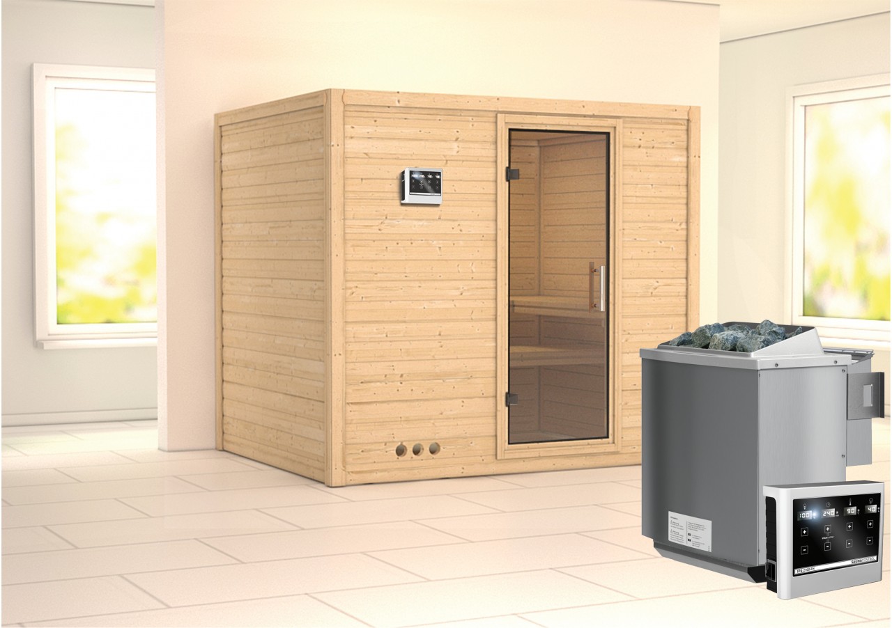 Massivholzsauna SONARA 231 x 196 m 38 mm 9.0 kW BioKombiofen inkl. Steuergerät ohne Dachkranz Ganzglastür Klarglas