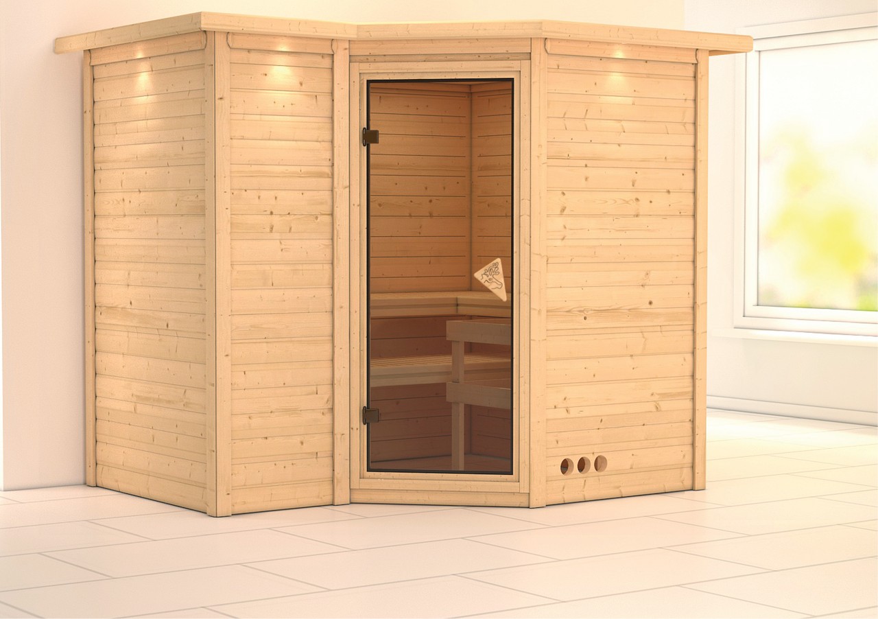 Sauna Innenkabine Sahib Innensauna 3 Sitzbänke aus Holz  Saunakabine mit 40 mm Wandstärke Infrarotsauna - Naturbelassen - Karibu