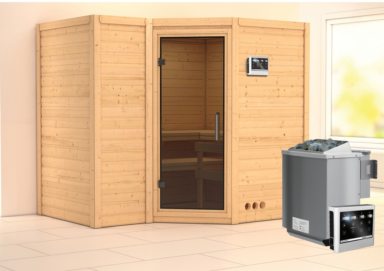 Massivholzsauna SAHIB 2 236 x 184 m 40 mm 9.0 kW BioKombiofen inkl. Steuergerät ohne Dachkranz Ganzglastür graphit