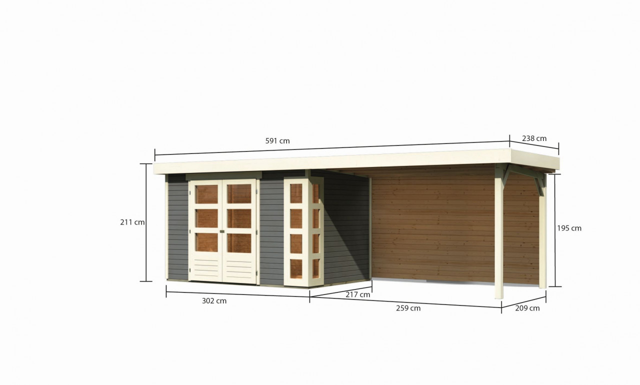 Gartenhaus Holz KERKO 4 19 mm 302 x 217 m Terragrau inkl. 280 m Anbaudach + Rückwand