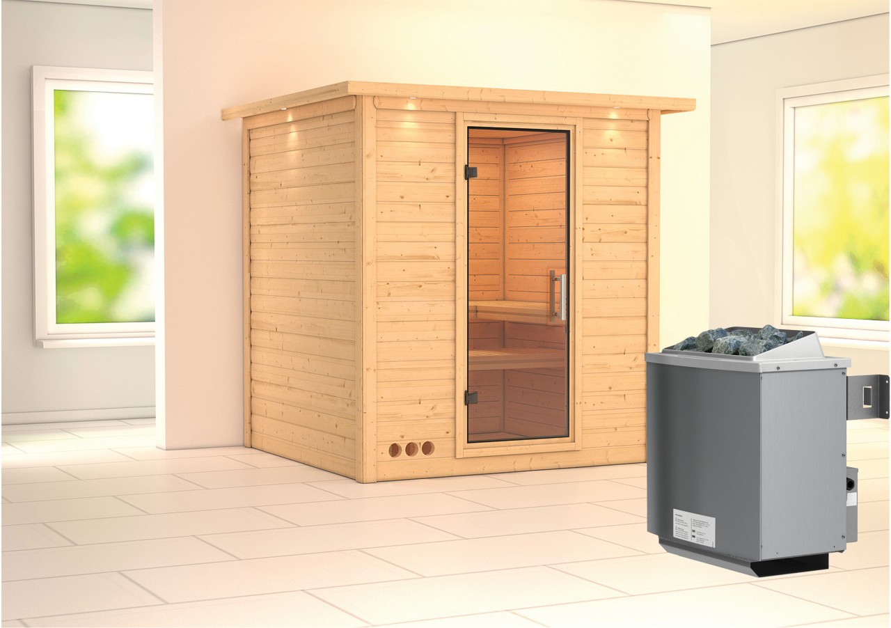 Sauna Innenkabine Mojave Innensauna 3 Sitzbänke aus Holz in Naturbelassen Saunakabine Wandstärke 40 mm Inklusive Ofen Infrarotsauna