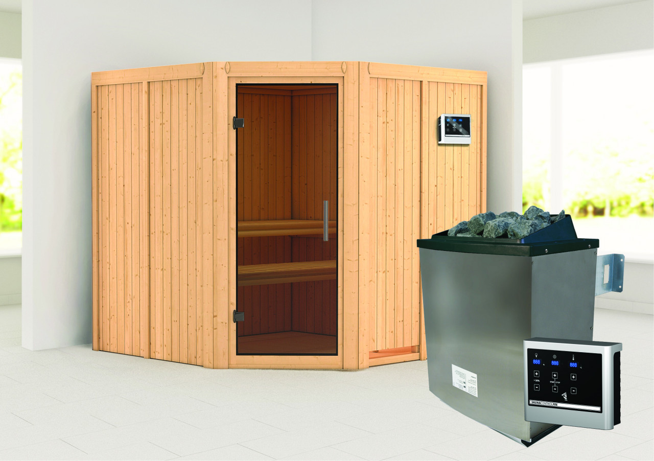 Sauna JARIN 196 x 196 m 9.0 kW Ofen inkl. Steuergerät ohne Dachkranz Ganzglastür graphit