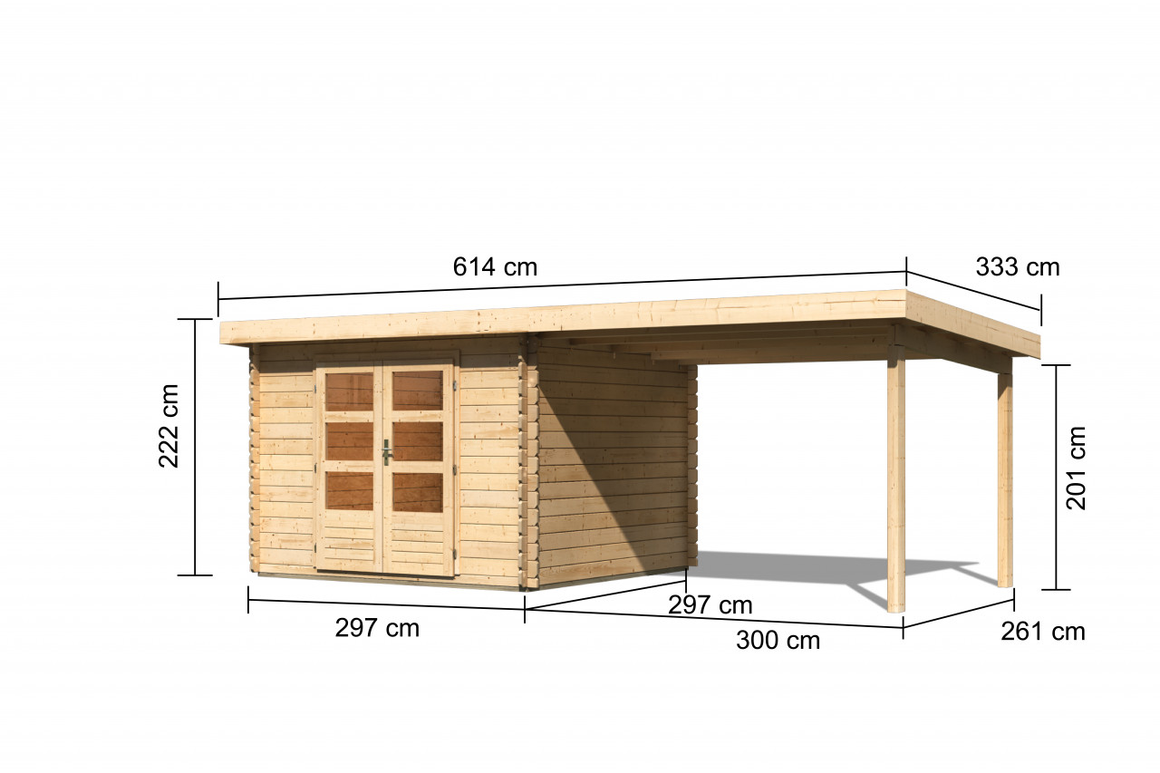 Gartenhaus Holz BASTRUP 5 297 x 297 m 28 mm Blockbohlenhaus Naturbelassen inkl. 300 m Anbaudach