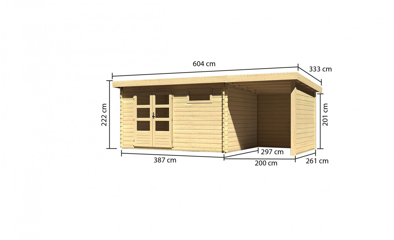Gartenhaus Holz BASTRUP 8 387 x 297 m 28 mm Blockbohlenhaus Naturbelassen inkl. 200 m Anbaudach + Rück und Seitenwand