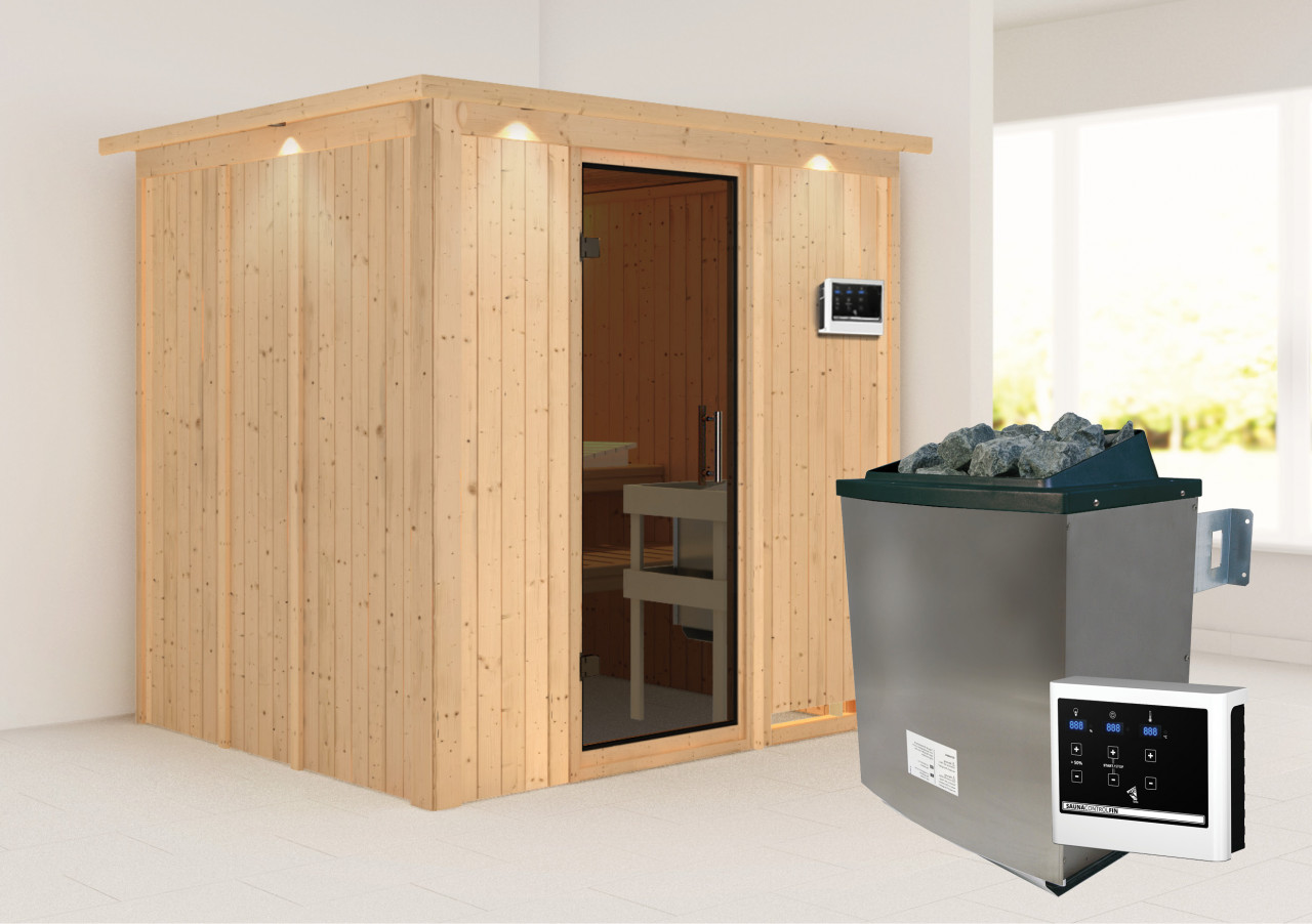 Sauna SODIN 196 x 17 m Naturbelassen 9.0 kW Ofen inkl. Steuergerät mit Dachkranz Ganzglastür graphit